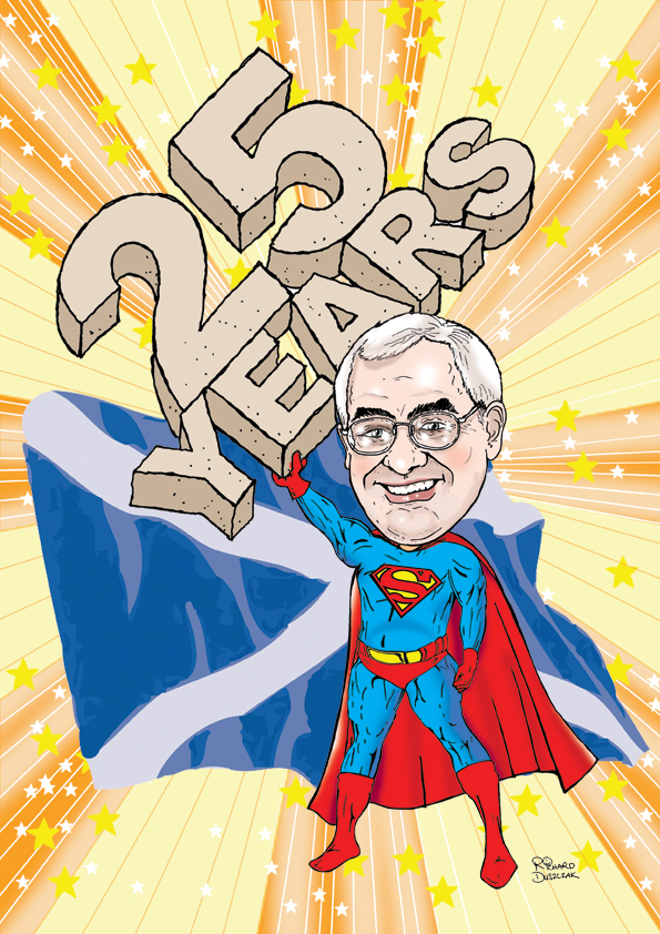 Superman cartoon caricature - holding up '25 YEARS' made of stone