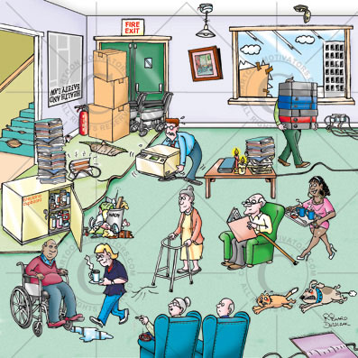 cartoon of care home showing safety hazards, worker in high heels, patients smoking in non smoking area, trip hazard, medicine cupboard left open, stair carpet has rips in it, incorrect lifting and carrying too much