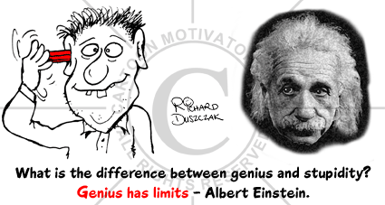 cartoon of a nerdy guy pushing a pencil through his ear - animated gif shows it coming out of the other end. Albert Einstein looks on not impressed