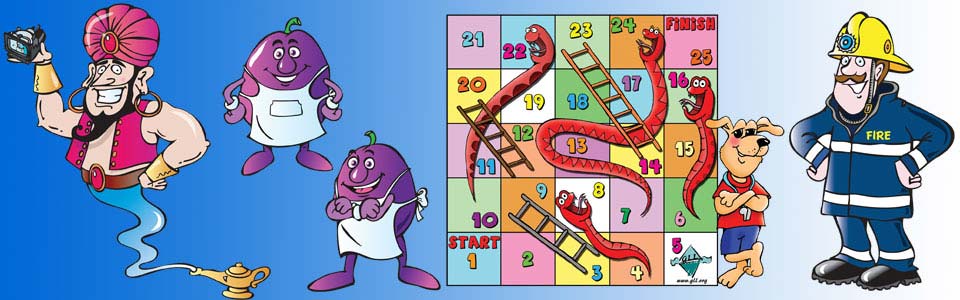 cartoon of a genie, two plum cartoon characters, a snakes and ladders game board illustration with a dog cartoon character and a fireman