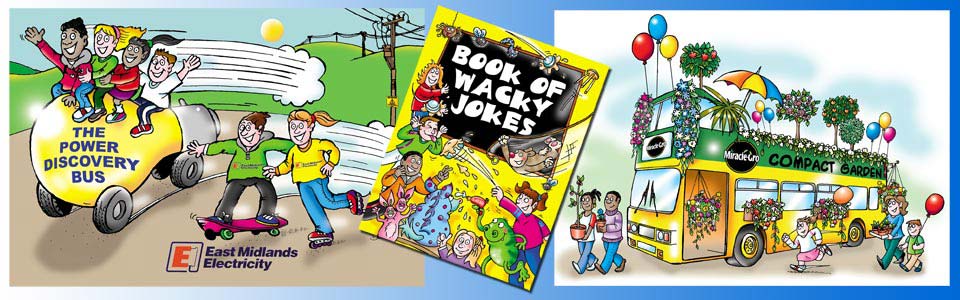 cartoon of kids riding along on a giant electrical bulb on wheels, The Power Discovery Bus, front cover of a childrens book 'Book Of Wacky Jokes' and a double decker tour bus decorated with flowers and bushes, balloons