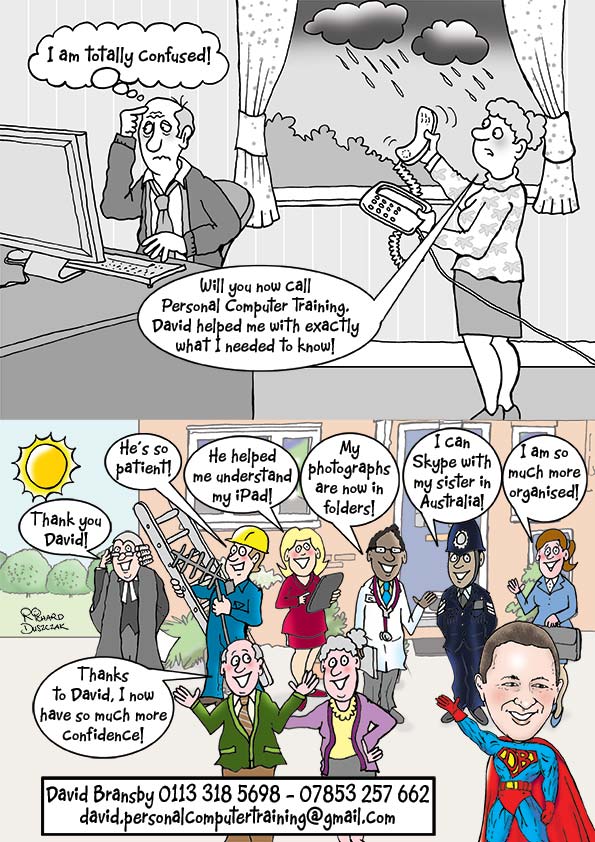 Advertising flyer with a cartoon of David Bransby as Superman with happy satisfied clients in the background.