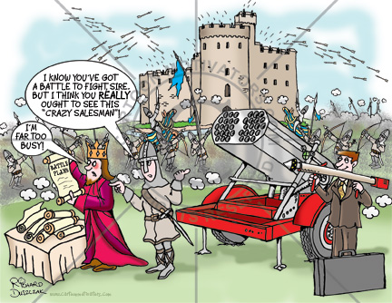 crazy salesman cartoon - a salesman is trying unsuccessfully to sell a rocket launcher to a king who is too busy to talk to him. There's a battle raging in the background that could be finished quickly with the rocket launcher.