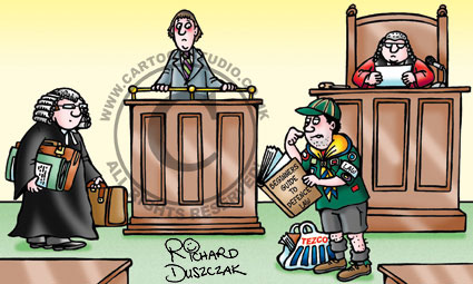 cartoon of boy scout in court room conducting the defence against a barrister who knows what he is doing