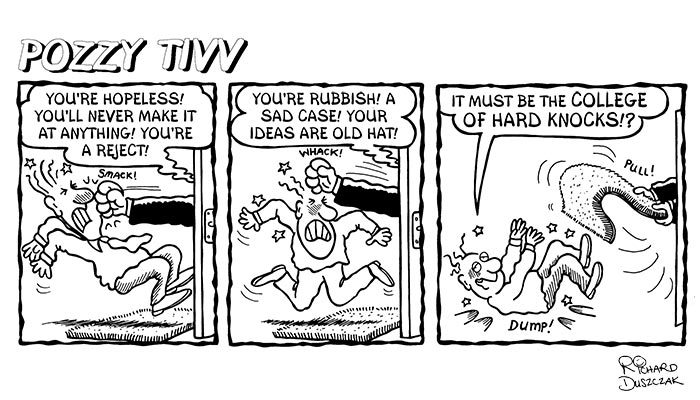 cartoon strip of character Pozzy Tivv - he's is being punched in the face, bonked on the head and has the rug pulled from under him