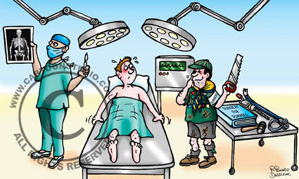 cartoon of Boy Scout holding a saw in one hand - giggling. He's in an operating theatre, patient doesn't look too happy on operating table