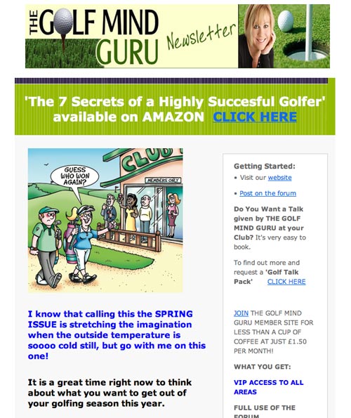 golf cartoon for Golf Guru email campaign, golfers return to club house she says to waiting golfers as her opponent looks really miserable. Guess who won again?