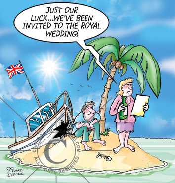 cartoon of couple marooned on a small desert island, their boat is wrecked she is reading a message in a bottle.