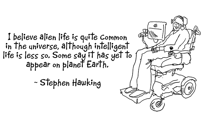 Stephen Hawking in his motorised wheel chair and a famous quote