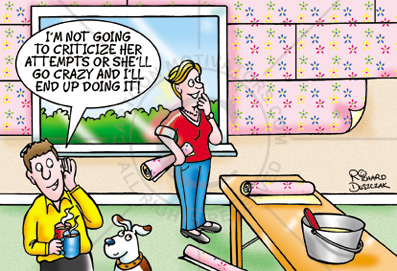 His 'n' Hers cartoon of couple doing the wallpapering - she's papering horizontally as opposed to vertically