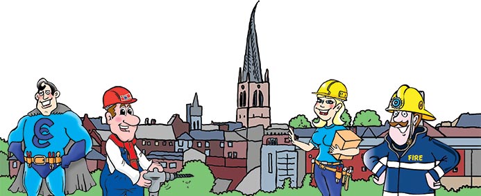 cartoonist in chesterfield, cartoon of the famous crooked spire in Chesterfield with cartoon characters in the foreground