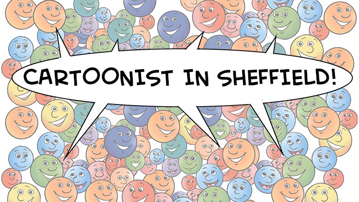 cartoonist in Sheffield, cartoon of lots of faces all smiling because they are from Sheffield