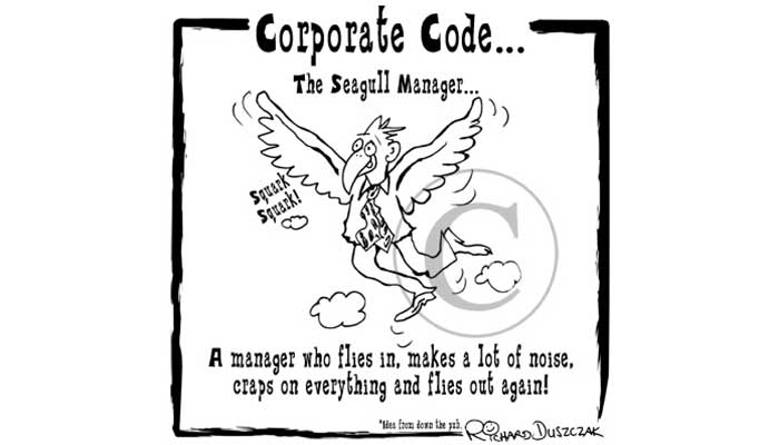 The Seagull Manager - cartoon of a businessman flying with wings flapping away