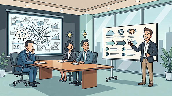 Professional corporate cartoon illustration, wide landscape format. Modern boardroom meeting scene viewed in slight three-quarter angle. On the left side, two business professionals in smart corporate attire sit at a meeting table looking slightly concerned while studying a large presentation screen filled with an overly complex technical diagram, messy arrows, dense charts and overlapping information. On the right side, a confident professional cartoonist stands presenting a clean, simplified visual version of the same information on a board. The simplified version shows clear icons, minimal arrows, structured steps and logical layout. The business professionals now show subtle expressions of relief and understanding. Clean vector-style illustration, bold black outlines, controlled corporate colour palette (blues, greys, muted tones), minimal background detail, strong readable silhouettes, balanced composition, generous white space, modern office environment, professional tone, not exaggerated comedy, not childish, subtle humour only, high resolution, crisp linework.